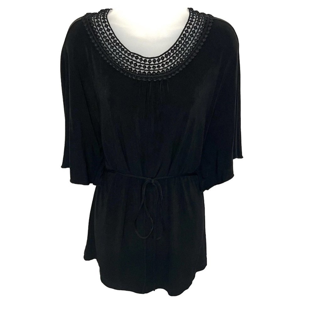 Chicos Travelers Women Top Large 2 Black Crotchet Waist Tie Flutter Shor…